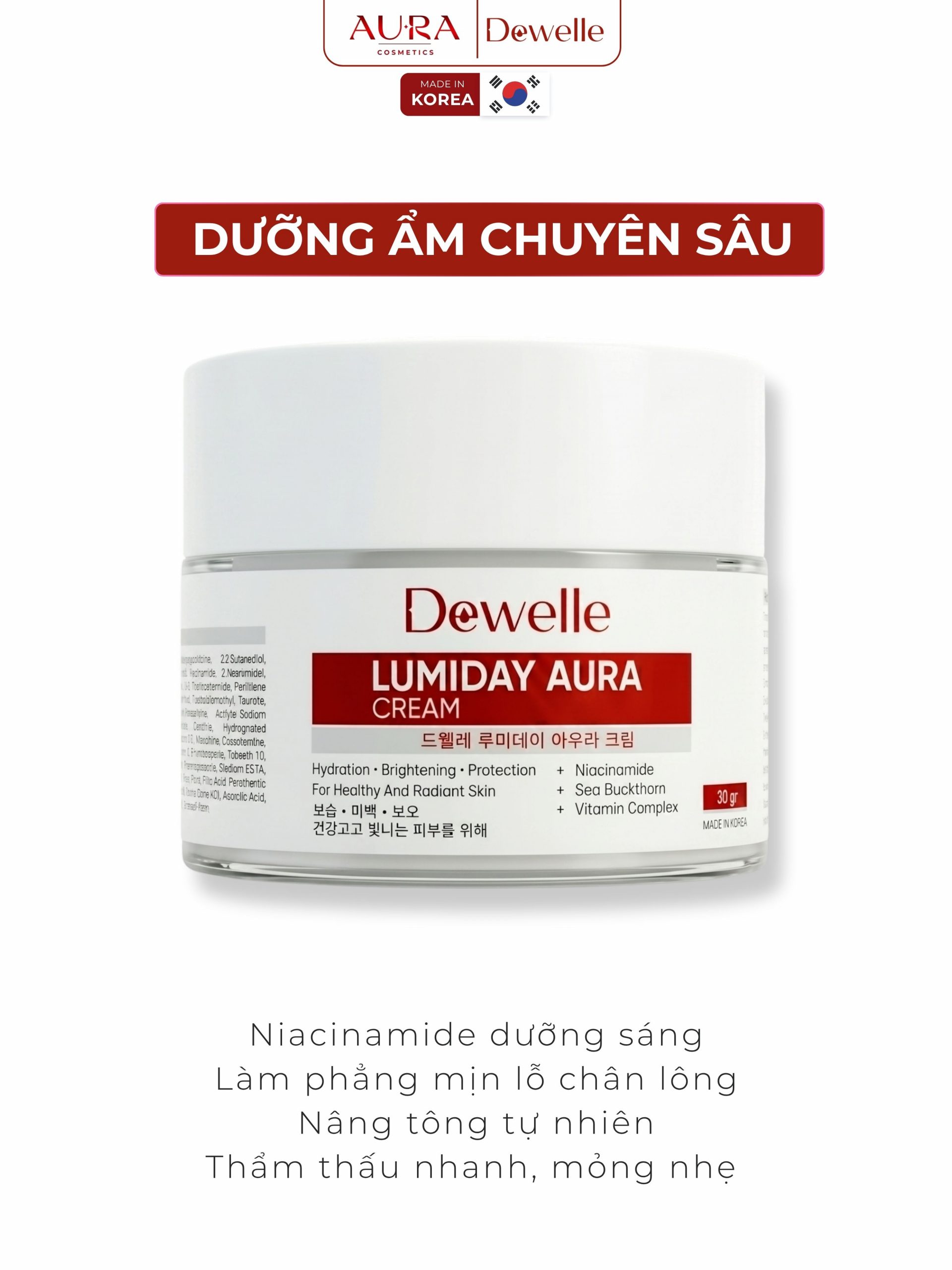 Kem dưỡng ban ngày dưỡng sáng nâng tông Dewelle Lumiday Aura Cream chính hãng.